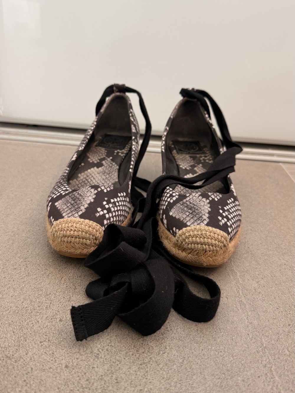 Tory Burch Black & Cream Snakeskin Espadrille Ballet Flats with Ankle Ties